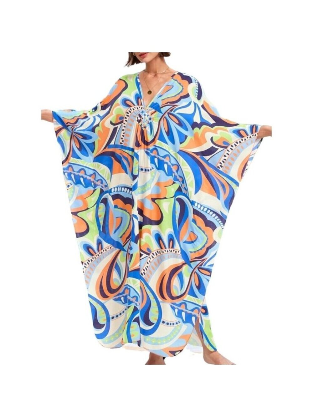 Women Blue Green Abstract Vneck Batwing Sleeve Flowy Split Bohemian Kaftan Dress
